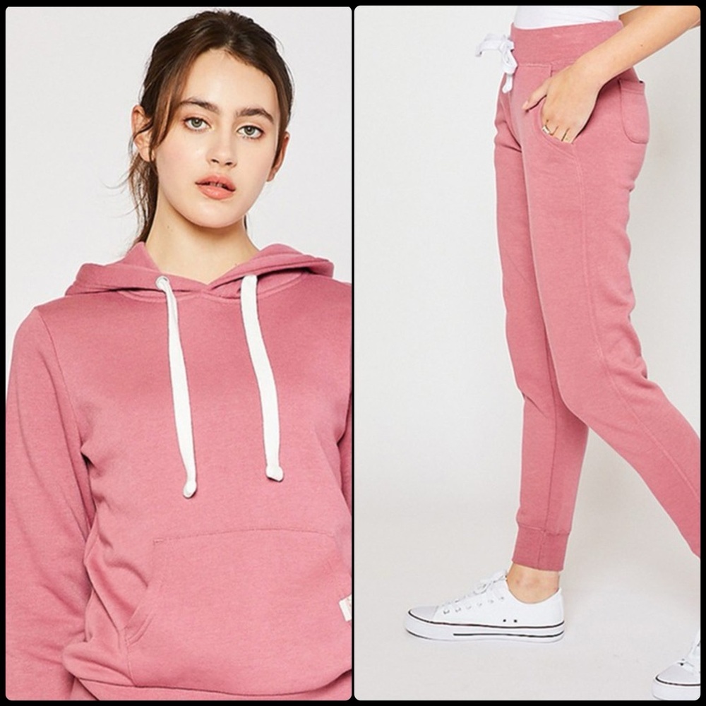 Pink Fleece Pullover Hoodie Set